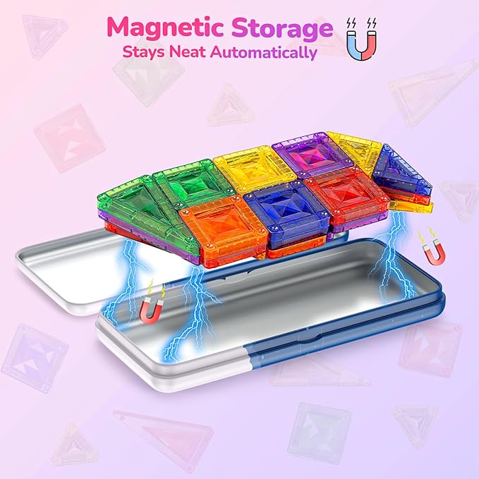 Mini Magnetic Tiles for Kids, Sparkling Diamond Travel Magnet Tiles with Metal Case, STEM Educational Magnet Blocks, Portable Construction Magnet Toys for Boys and Girls, 26PCS