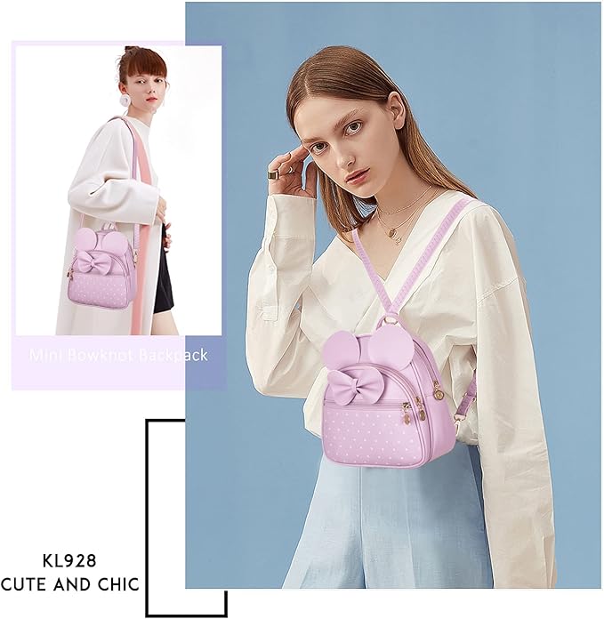 KL928 Girls Mini Backpack Bowknot Polka Dot Cute Small Daypacks Convertible Shoulder Bag Purse for Women
