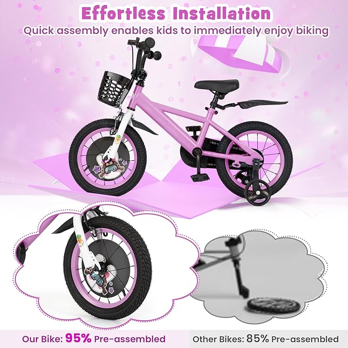 BABY JOY Rabbit Pilot Sporty Kids Bike, 12 14 16 18 Inch Child Bike for 3-8 Years Old with Adjustable Height, Training Wheels, Storage Basket, Handbrake & Coaster Brake, Kids Bicycle for Girls Boys