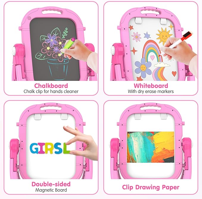 Easel for Kids, Toddler Art Easel Adjustable Standing, Magnetic Double Sided Easel with Painting Accessories, Gift for Girls (Light Pink)