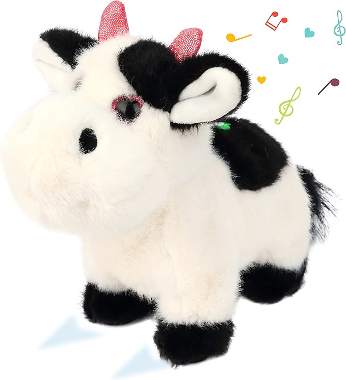 Cuteoy Walking Black Cow Stuffed Animal Speaking Moo Plush Cattle Electric Interactive Animated Plushies Toy for Girls Boys Birthday