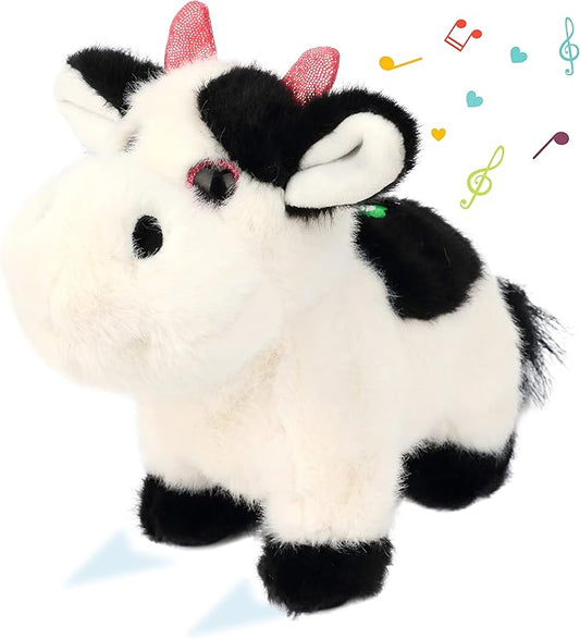 Cuteoy Walking Black Cow Stuffed Animal Speaking Moo Plush Cattle Electric Interactive Animated Plushies Toy for Girls Boys Birthday