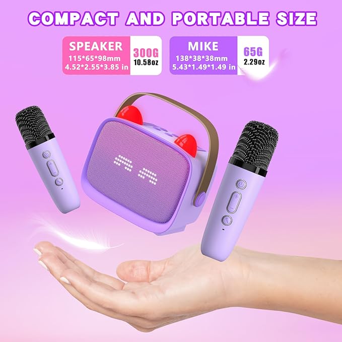 Mgaolo Upgraded Mini Karaoke Machine Toy for Kids, Portable Bluetooth Speaker with 2 Wireless Mics, Emoji & Colorful LED Lights, Home Travel & Party Play Gifts for Boys Girls (Purple)