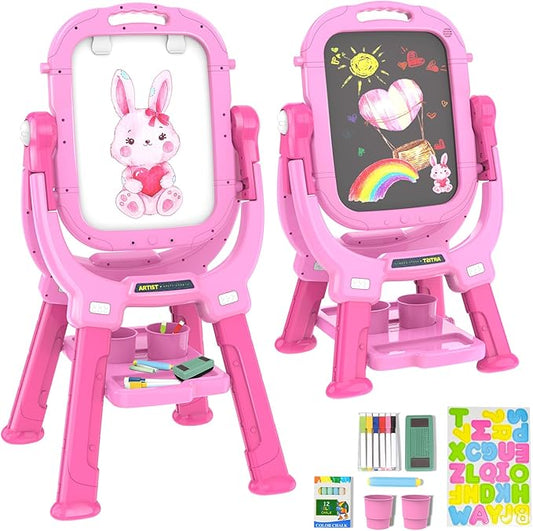 Easel for Kids, Toddler Art Easel Adjustable Standing, Magnetic Double Sided Easel with Painting Accessories, Gift for Girls (Light Pink)