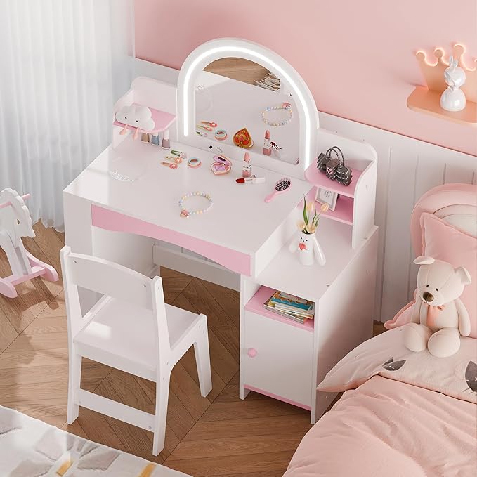 MU Kids Vanity with Lights, Princess Makeup Vanity Desk with Open Bookshelf, Storage Cabinet & Shelves, 2 in 1 Toddler Vanity Table & Chair Set with Lighted Mirror for Little Girls (White)