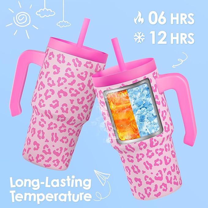 Leopard Print Kid 20oz Tumbler with Handle and Silicone Straw Lid, Insulated Stainless Steel Cup, Gift for Kids Girls, Gifts Idea for Birthday Christmas Back to School