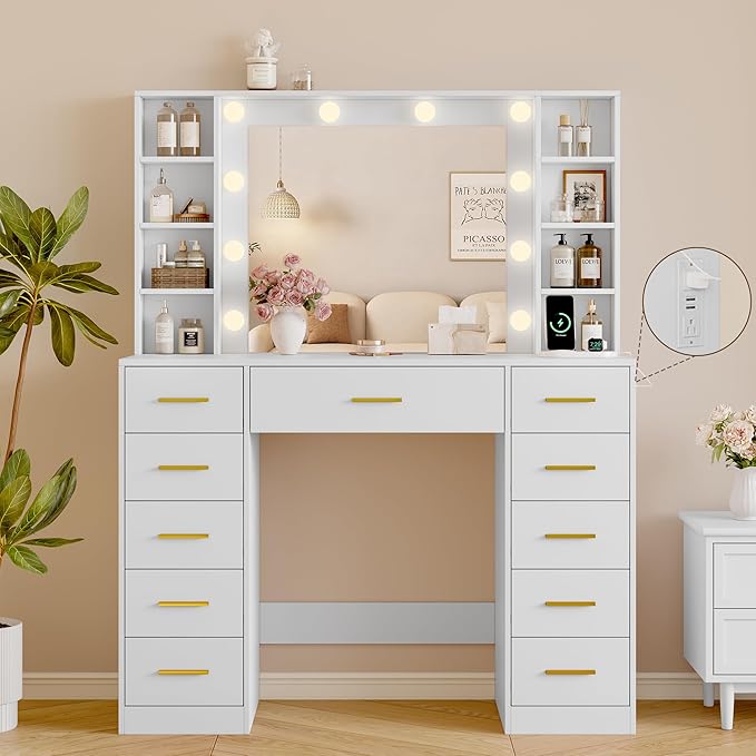 Makeup Vanity with Drawers, 43" White Vanity Desk with Mirror and Lights, 11 Drawers & 4 Shelves, Power Outlet & Adjustable LED Lights, Dressing Table for Women & Girls Bedroom
