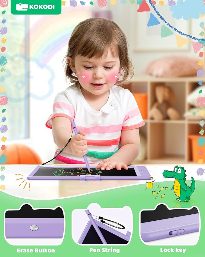 KOKODI LCD Writing Tablet, 10 Inch Colorful Toddler Doodle Board Drawing Tablet, Erasable Reusable Electronic Drawing Pads, Educational and Learning Toy for 3-6 Years Old Boy and Girls(Purple)