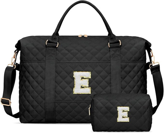 Gifts for Teen Girl, Initial Travel Duffle Bag, Personalized Women Weekender Overnight Bags, Gift for Daughter Kid Girl Wife Friend（Black,E)