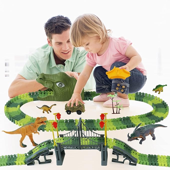 Dinosaur World Race Track Toys - 216pcs Flexible Track Playset with 1 Dinosaur Car, 1 Race Car, 6 Dino Toys, for Kids 3 4 5 6 Year & Up Old (Boys and Girls)