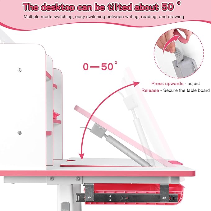 2025 Upgraded Kids Study Desk and Chair Set, 50 Degree Tiltable&Height Adjustable Kids Desk with Storage Drawers and Bookshelf (Pink-New 2)