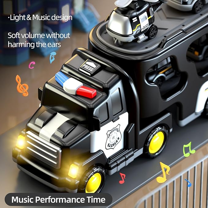 5 in 1 Police Trucks Cars Toys for Toddlers 3-5, Boy Toddler Car Truck Toys with Light Sound, Birthday Gifts Toys for 3 4 5 6 Year Old Boy, Transport Carrier Truck for Toddlers 3-5 Years