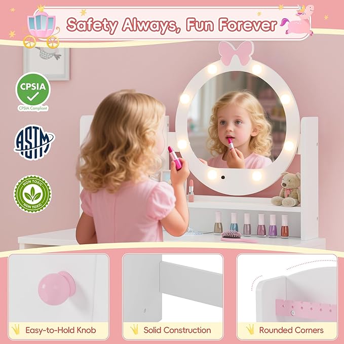 MU Kids Vanity Table and Chair Set – Princess Girls Vanity Set with Mirror, Lights, Jewelry Storage, and Cushioned Stool, Toddler Makeup Vanity for Little Girls, White