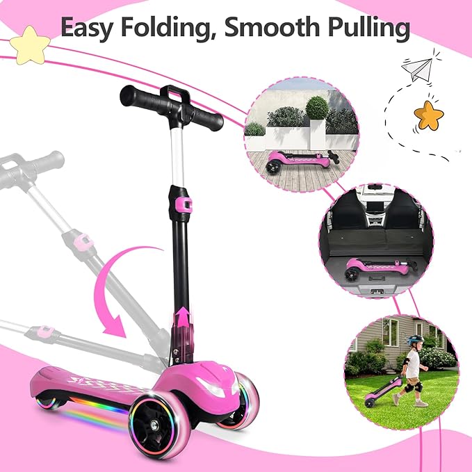 Balance Electric Scooter for Kids Ages 3-12, Full Body Lights Up, Stickers, Wide Deck, 3 Adjustable Heights, 5MPH Safe Speed, 90min Riding, Foldable 3 Wheel Electric Scooter for Kids Boys Girls, Pink