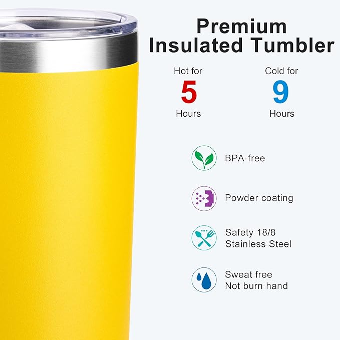 koodee Coffee Tumbler with Straw and Lid-12 oz Skinny Tumbler Stainless Steel Double Wall Vacuum Insulated Tumbler Cup for Women -Spill Proof & Sweat-Free (Yellow)