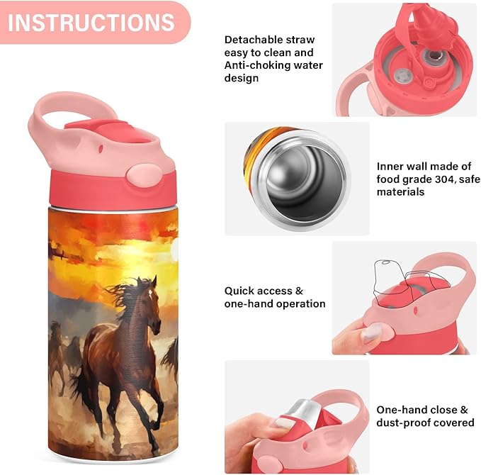 Kigai Black & White Cow Print Kids Water Bottle with Straw Lid, Vacuum Insulated Stainless Steel Double Walled Leakproof Tumbler Travel Cup for Girls Boys Toddlers, 12 oz