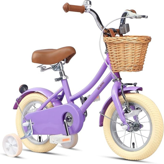 Glerc Little Molly 12-20 Inch Kids Retro Cruiser Bike for 2-13 Year Old with Wicker Basket & Training Wheels/Kickstand, Multiple Colors