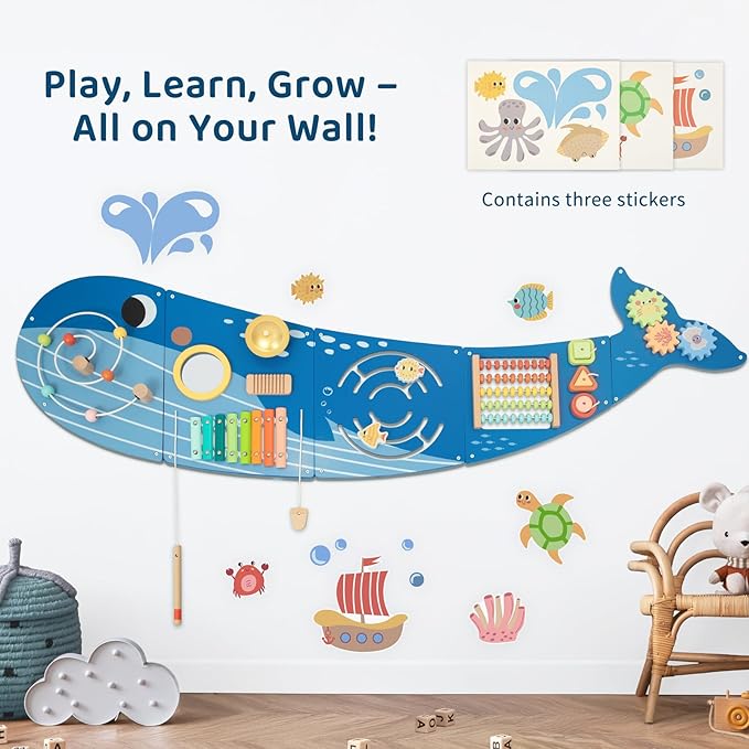 OOOK Whale Wall Busy Board Panel, Montessori Sensory Toy, Toddler Learning Activity Center, Toddler Learning Activity Center, Interactive Toys, Wooden Sensory Wall Develops Kids Skills in All Aspects
