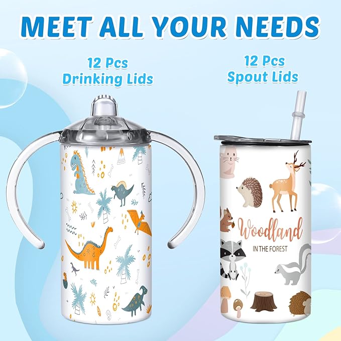 12 Sets 12 oz Sublimation Blanks Sippy Cups for Toddlers Insulated Stainless Steel Kids Sublimation Tumbler Cups with Lids and Straws, 2 Heat Tape, 12 Polymer Thermal Transfer Coating, Coaster, Brush