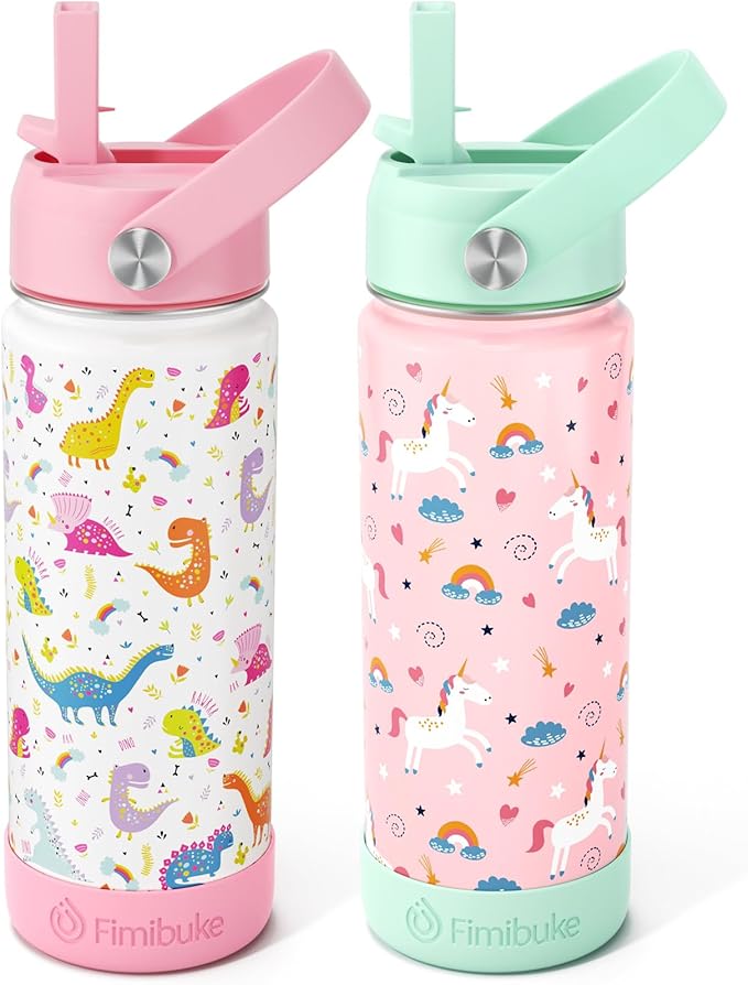 Fimibuke Kids Insulated Water Bottle, 18oz BPA FREE Kid Cup with Straw Double Wall Vacuum Tumbler 18/8 Stainless Steel Leak Proof Toddler Water Bottle for School Boys Girls (2 Pack, Unicorn/Dinosaur)