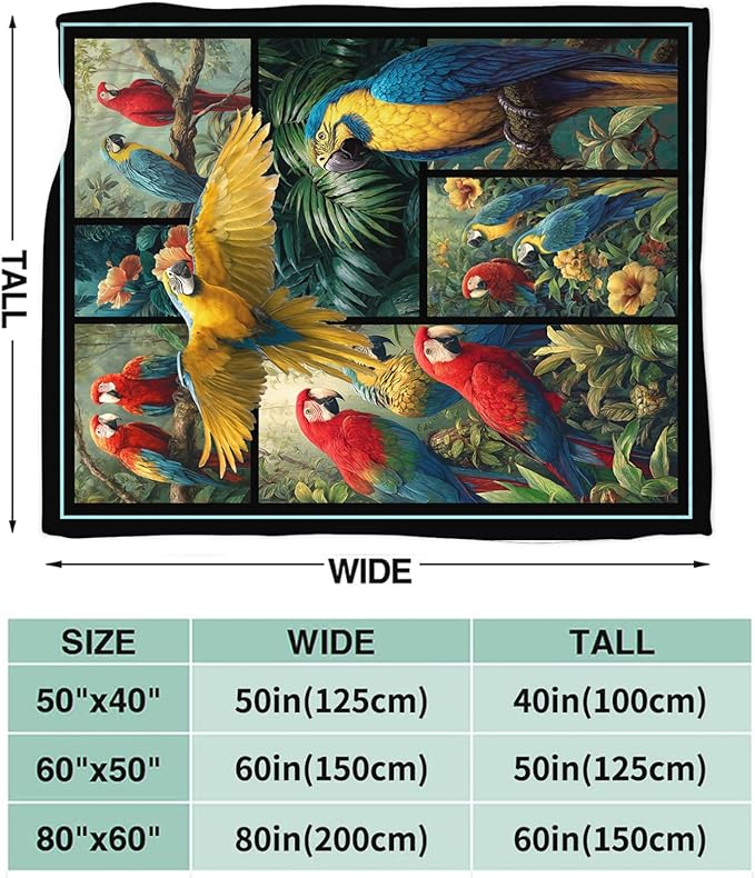 Parrot Blanket Gifts for Girls Women Boys Tropical Birds Throw Blankets Cozy Plush Fleece Botanical Flannel Fuzzy for Couch Decor 60"X50"