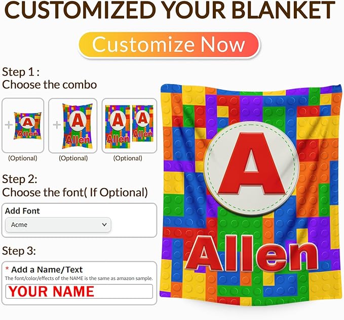 Boys Blankets, Personalized Building Blocks Blanket with Initial Monogram for Kids Toddlers, Funny Throws Blanket Gift, Soft Cozy Flannel Throw for Sofa Bed Couch Decor