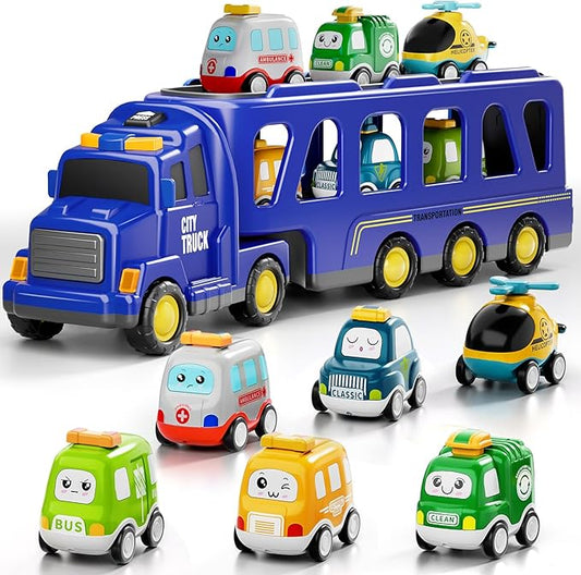 Boy Toddler Trucks Toys for Boys Kids, 16.9-in Longer Transport City Truck with 6 Cars, Car Truck Toys with Lights & Sounds, Birthday Gift for 3 4 5 Years Old Boys and Girls
