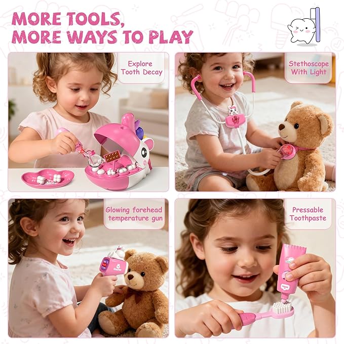 34 PCS Dentist Play Set Toys for Girls, Doctor Kit for Kids Toddlers Ages 2-4 3-5, Pretend Play Toy for Girl Age 4-6, Dentist Toy with Light & Sound, Birthday Gifts for 3 4 5 6 7 8 Year Old Girls