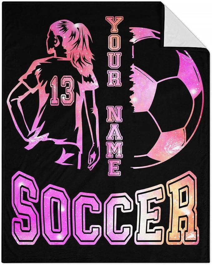 Personalized Soccer Throw Blanket with Name - Soft, Fuzzy & Warm - 30x40 Inches Lap Size Blanket for Couch, Office - Black Cute Throw Gift for Girls, Women