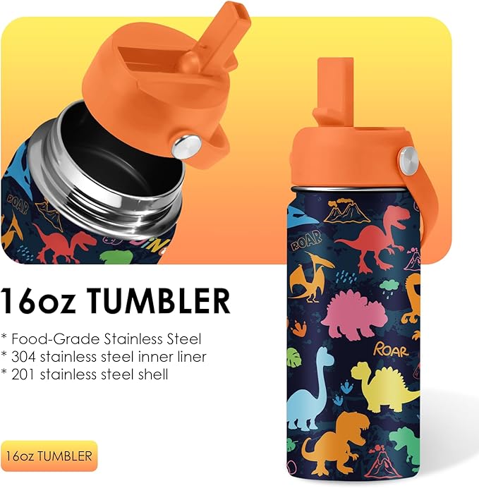 Dinosaur Gifts for Kids - 16oz Colorful Dino Water Bottle with Straw Lid, Stainless Steel Insulated Tumbler, Leakproof, BPA-Free, for Boys & Girls, School, Travel - Dino Lovers Birthday Gift Cup (1pc)
