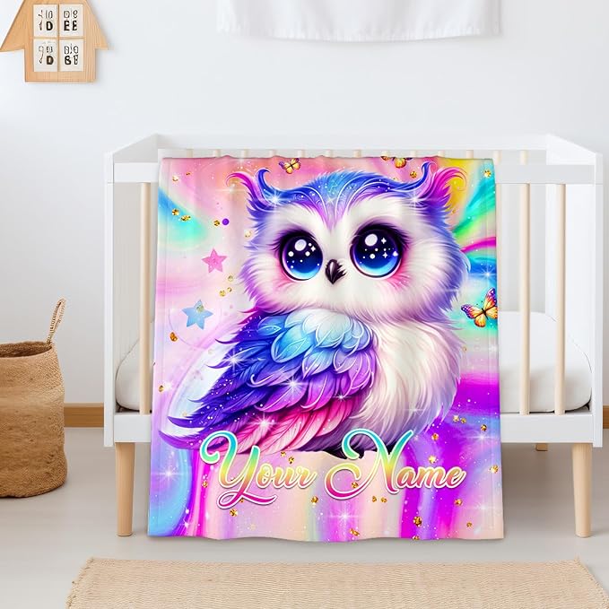 Personalized Blanket for Girls, Custom Throw Blanket Gift for Kids Teens, Owl Stuff for Animals Lovers, 80"x60" Flannel Blankets for Couch Sofa Bed