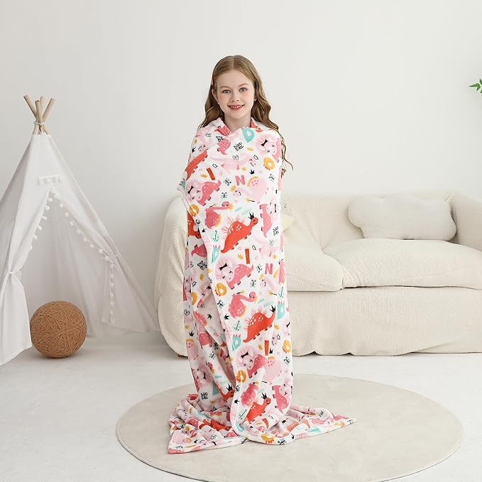 Softan Kids Throw Blanket for Girls & Boys, Warm Soft Toddler Fleece Blankets for Sofa Couch Bed， Cozy Fuzzy Plush Flannel Kids Throw Blanket for Daycare & School - Pink Dinosaur 50x60 inches