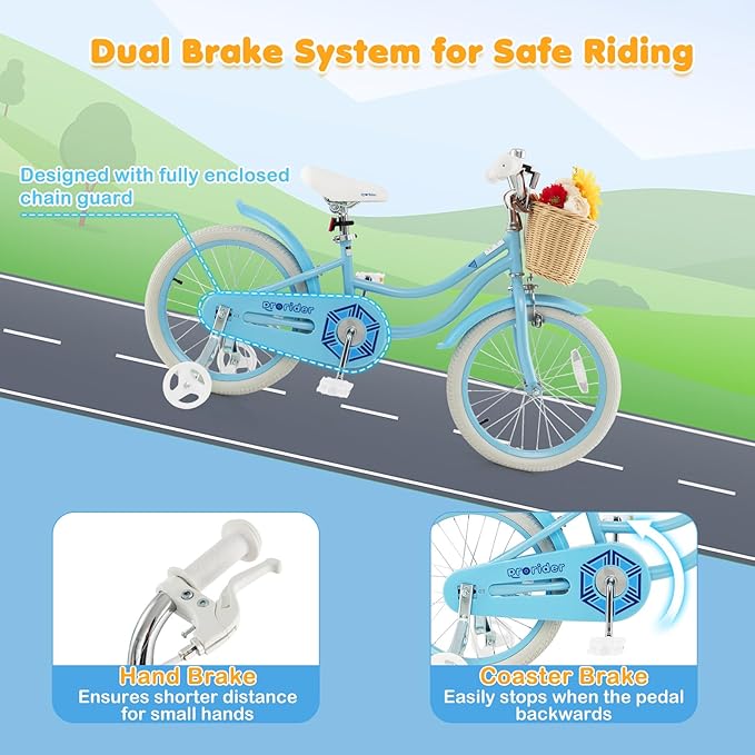 BABY JOY Kids Bike, 14 16 18 Inch Retro Kids Bicycles for 3-8 Years Old Children with Training Wheels, Adjustable Height, Rattan Basket, Handbrake & Coaster Brake, Boys Girls Bike (Pink, Green, Blue)