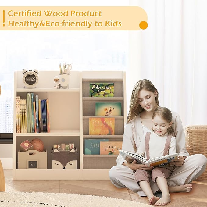 White Kids Bookshelf Wood Toy Storage Organizer Cabinet Children Bookcase Toddler Baby Sling Book Rack Adjustable Shelf for Playroom Bedroom Nursery Hallway School Kindergarten