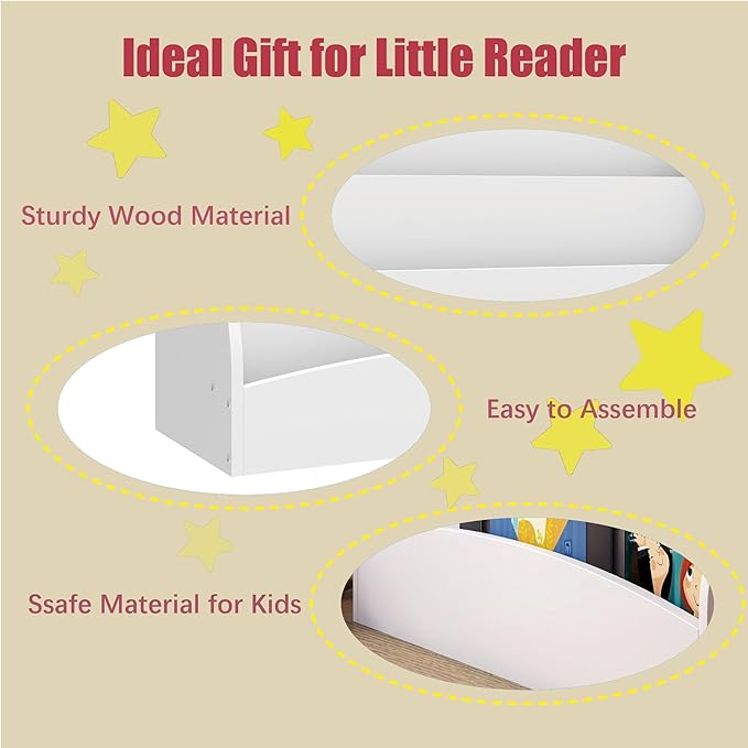 5-Tier Kids Bookshelf Montessori Toddler Book Rack Baby Bookcase Floor Front Facing Magazine Display Shelf for Bedroom Playroom Nursery Classroom Kindergarten Wood (White)