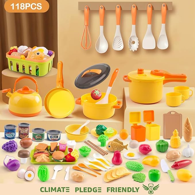 118Pcs Mini Play Kitchen Accessories for Kids, Pretend Cooking Playset with Cookware, Tableware & 2 Fruit Sets, Learning Gift for Girls, Boys, Toddlers, Yellow