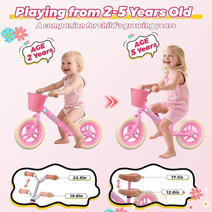 Toddler Balance Bike for 2-5 Year Old,Kids Balance Bike with Fender,Kids Bicycle for 2 3 4 5 Years Old Boy Girl Birthday Christmas Toy Gift,Adjustable Seat/Handlebar,Flat-Free LED Tires,10Min Assembly