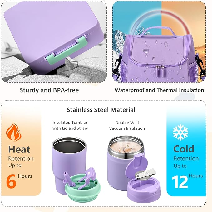 Lunch Box Set with Bento Box Container, 17OZ Stainless Steel Food Soup Thermo, Kids Water Bottle & Portable Insulated Lunch Bag – Leakproof, Hot/Cold Retention for School, Travel (Purple)