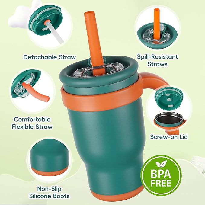 14oz Toddler Sippy Cup Vacuum Insulated Stainless Steel Kids Cup with Handle, Spill-Proof Straw, Leak-Proof Travel Cup for Home or On-the-Go
