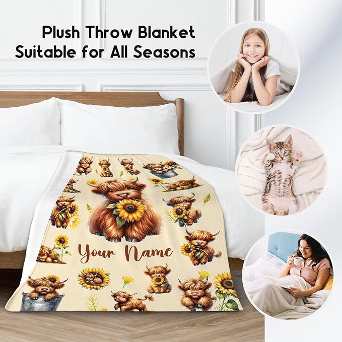 Personalized Kids Blankets with Name, Highland Cow Blanket Gifts for Girls, Custom Cow Gifts with Sunflower, Warm Flannel Throw for Couch, 40"x50"