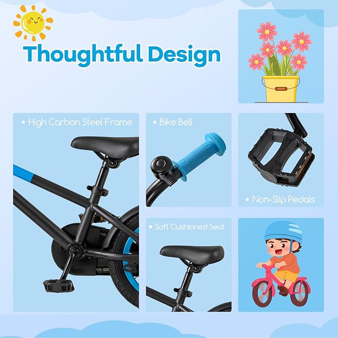 BABY JOY Colorful Macarons Kids Bike, 12 14 16 18 Inch Sporty Children's Bicycle with Training Wheels, Adjustable Handlebar & Saddle, Handbrake & Coaster Brake, Boys Girls Bike for 3-8 Years Old