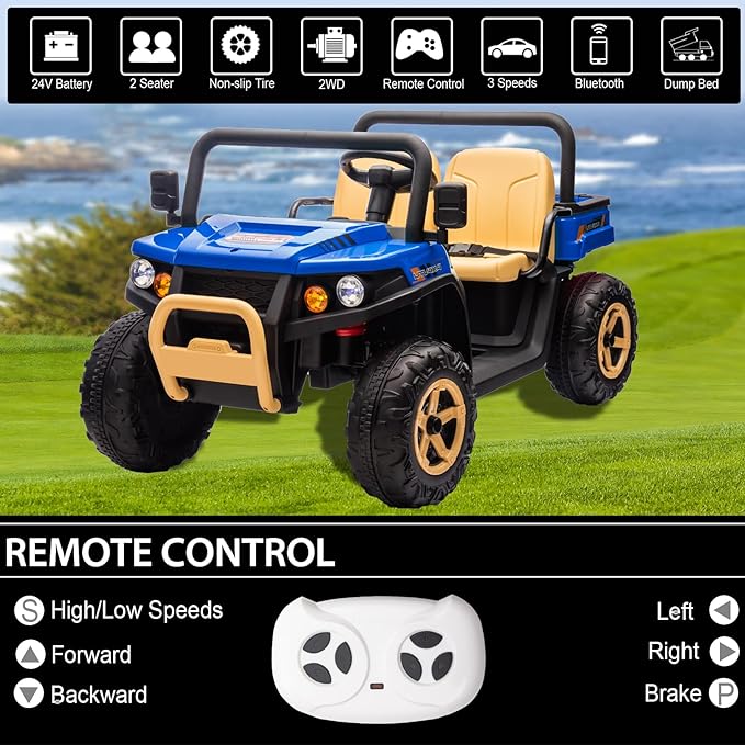 POSTACK 24V 2 Seater Electric Dump Truck for Kids, Ride on Tractor Battery Powered Electric Vehicle with Parental Remote Control, UTV for Kids to Drive w/Bluetooth, Music, Blue