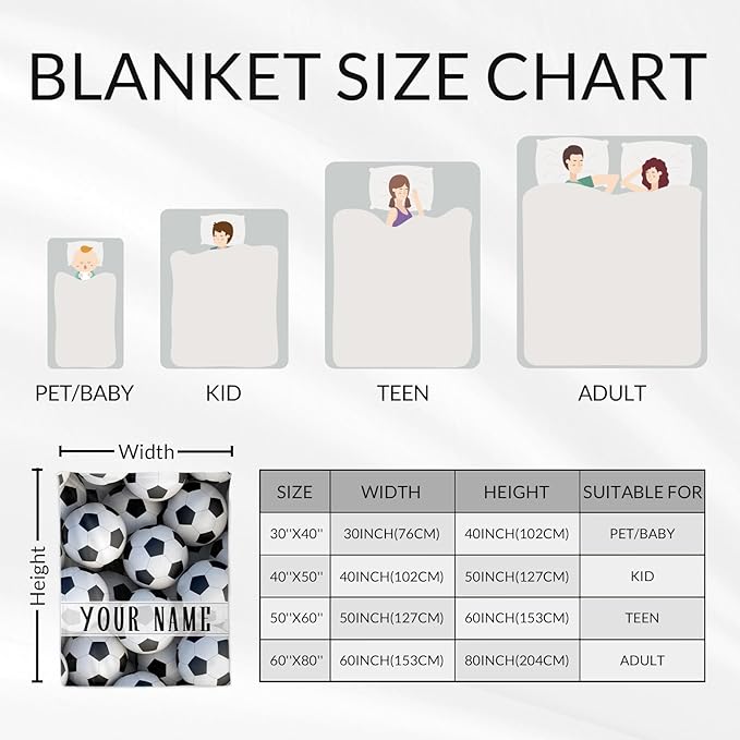 Personalized Soccer Throw Blanket with Name - Soft, Fuzzy & Warm - 40x50 Inches Crib Size Blanket for Couch, Office - White Cute Throw Gift for Girls, Boys