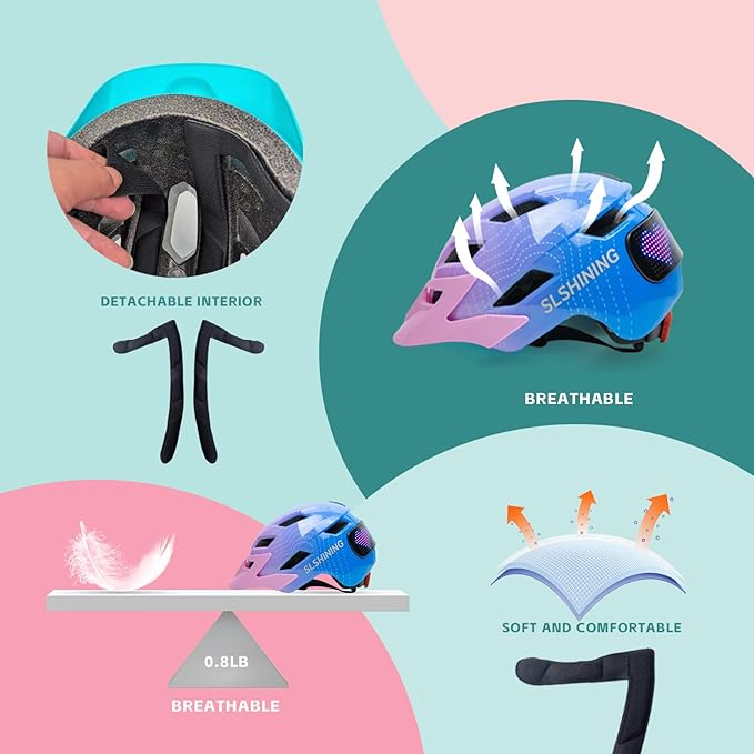 Kids Bike Helmet for Boys Girls: Helmets for Children and Adolescents 5-14 Years Old，64-Pattern LED Light Adjustable Kid Helmet Multi-Sport Protection