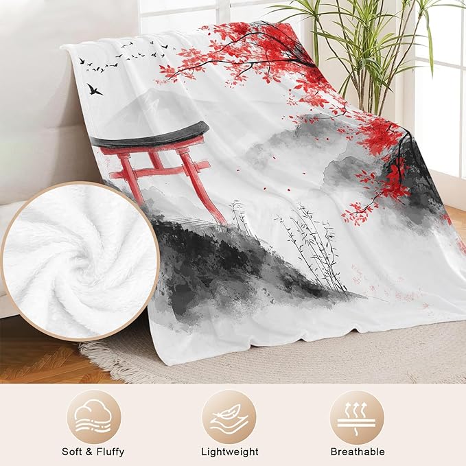 Japanese Samurai Blanket for Women Mens, Japanese Cherry Blossom Fleece Blanket Gifts for Boys Girls, Warm Cozy Soft Flannel Stuff for Bed Sofa Couch 80" x 60"