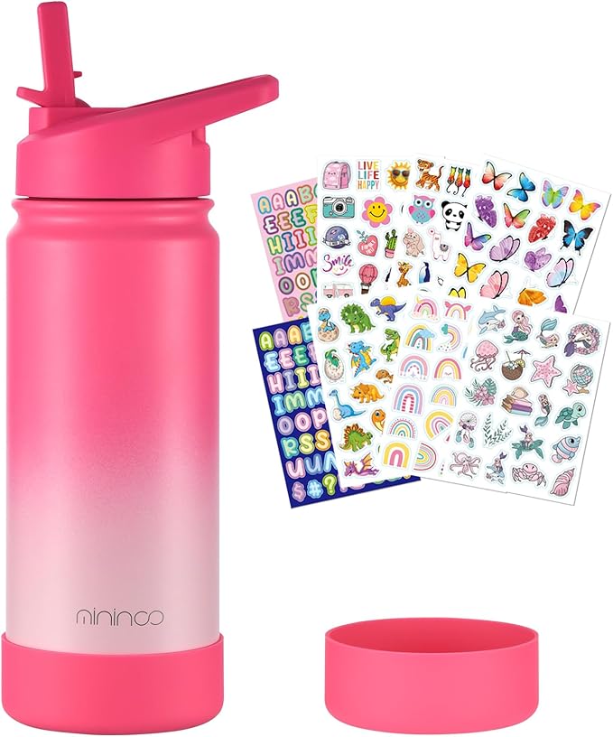 mininoo Kids Water Bottle for School, 16oz Stainless Steel Insulated Water Bottle Kids with Straw Lid for Girls, Boys (Sweat Peach)