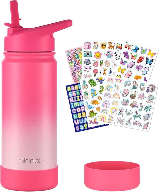 mininoo Kids Water Bottle for School, 16oz Stainless Steel Insulated Water Bottle Kids with Straw Lid for Girls, Boys (Sweat Peach)