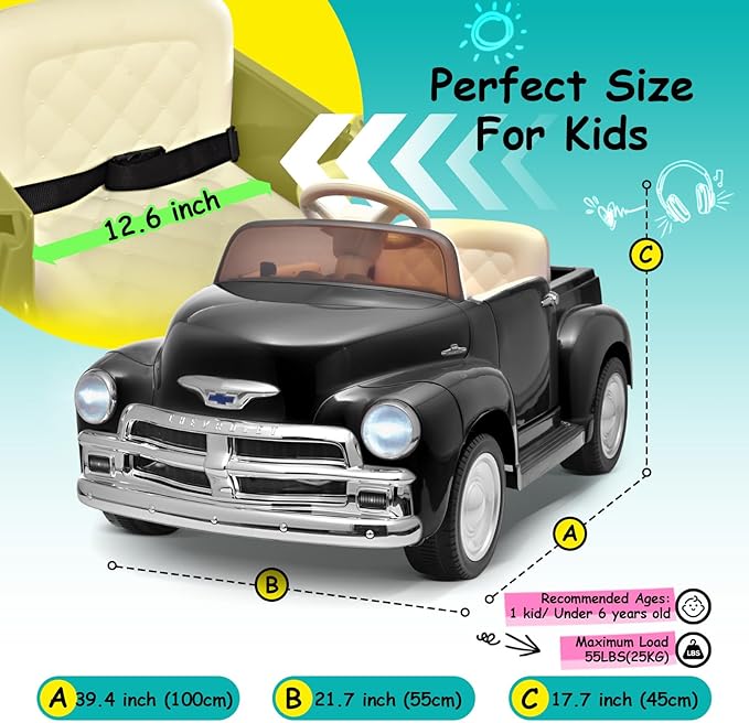 Joywhale 12V Kids Ride on Car Licensed Chevrolet 3100 Pickup Battery Powered Motorized Electric Car,with 7AH Big Battery,2.4G Remote Control,3-Speeds,Storage Space,Music,Retro Style,Black