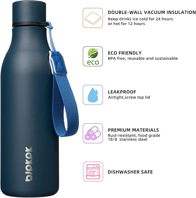 BJPKPK Insulated Water Bottles, 18 oz Stainless Steel Metal Water Bottle with Strap, BPA Free Leak Proof Thermos, Mugs, Flasks, Reusable Water Bottle for Sports & Travel, Navy Blue