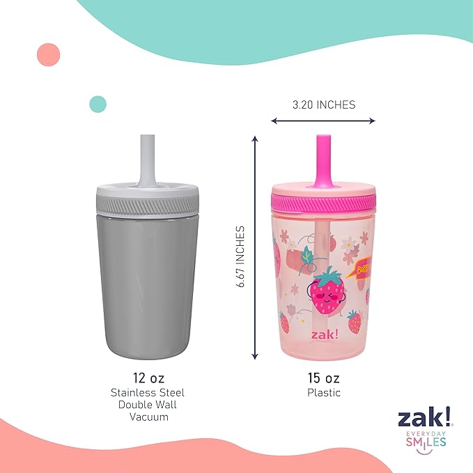 Zak Designs Kelso Toddler Cups For Travel or At Home, 15oz 2-Pack Durable Plastic Sippy Cups With Leak-Proof Design is Perfect For Kids (Sweet Berry, Lemon Zest)